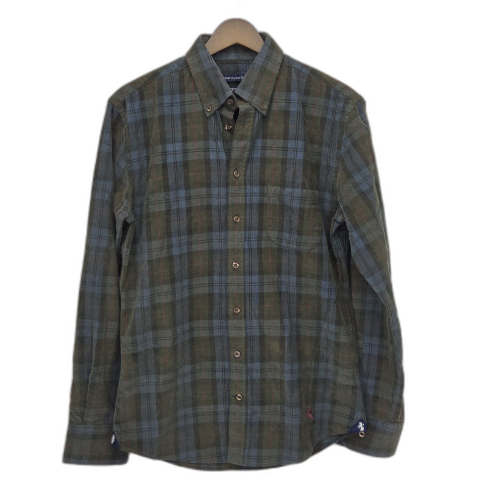 Messrs Walker Slater Mens Small Corduroy Button Shirt Green Blue Plaid Slim Fit